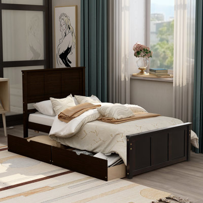 Lit simple moderne avec rangement, structure en bois de pin, design compact espresso pour la maison