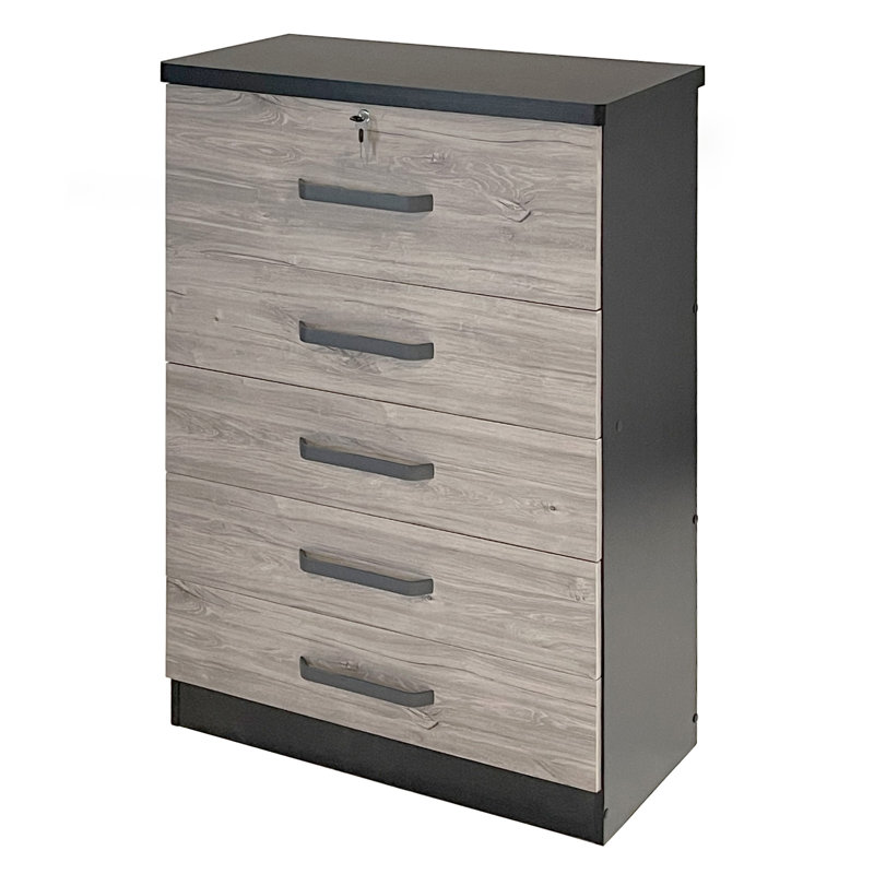 Chest With Large Drawers and Lock 31.5"W, Black/Grey Oak