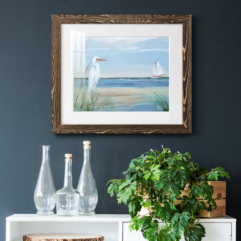 Summer Heron - peinture encadrée, H 24 po x l 18 po x P 1,5 po, Encadré de bois de noyer