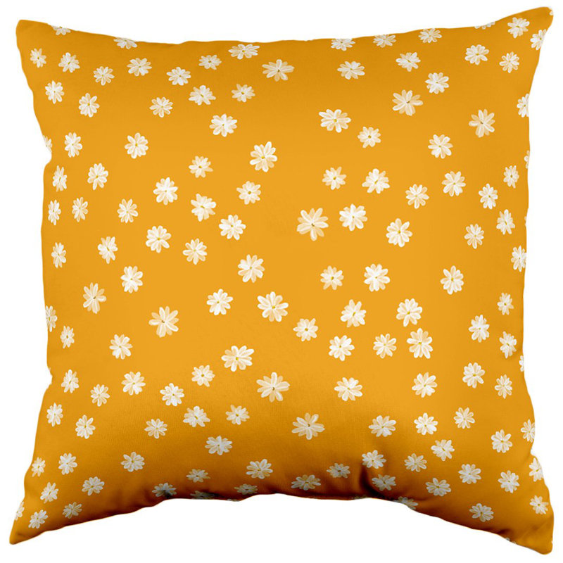 Coussin double face peint fleurs blanches moutarde