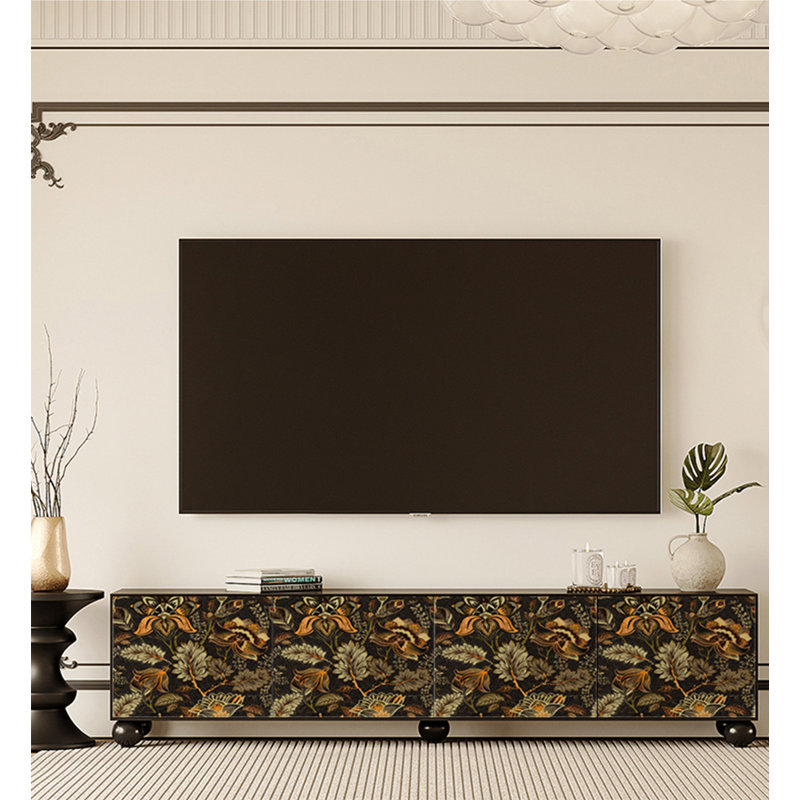 Meuble télé rétro à imprimé floral avec pieds ronds et rangement fermé, H 19,7 po x l 70,9 po x P 15,7 po