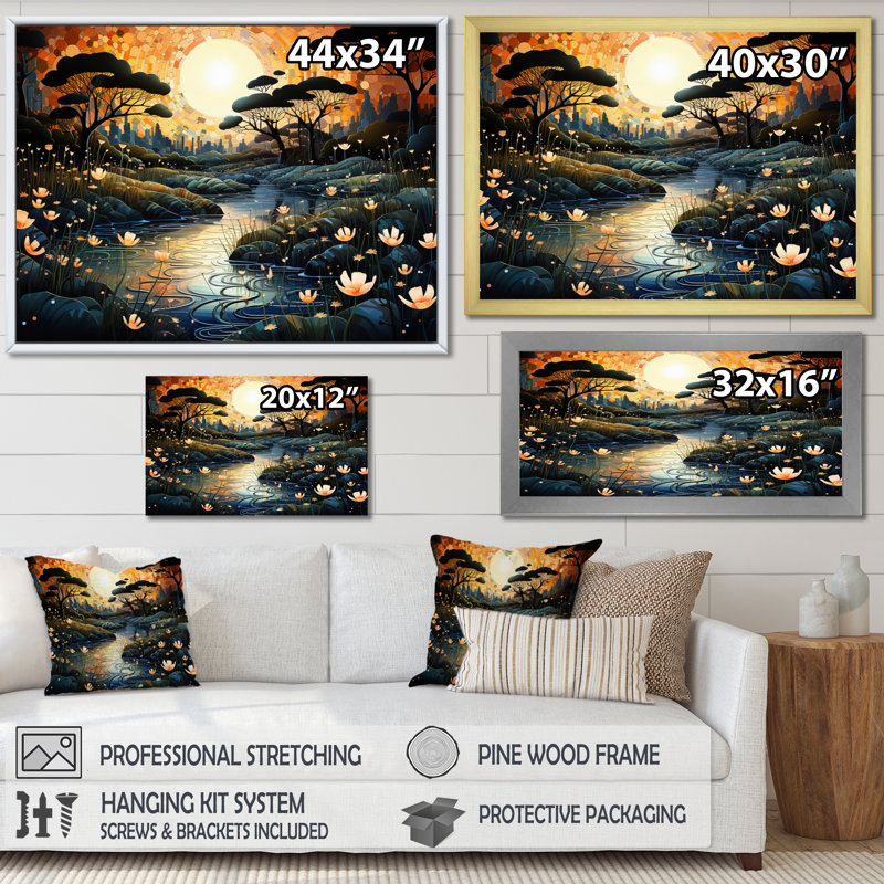 River Pointillism Charm At Night I - impressions sur toile pointillisme, Cadre simple noir, H 12 po x l 20 po x P 1 po