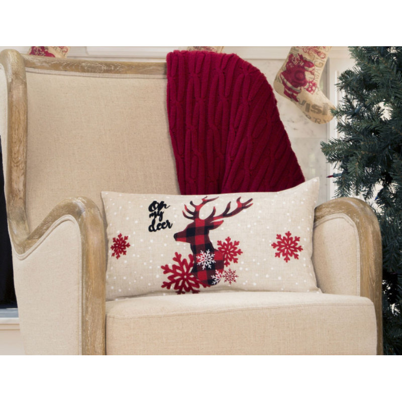 Festive Beige and Red Embroidered Christmas Throw Pillow