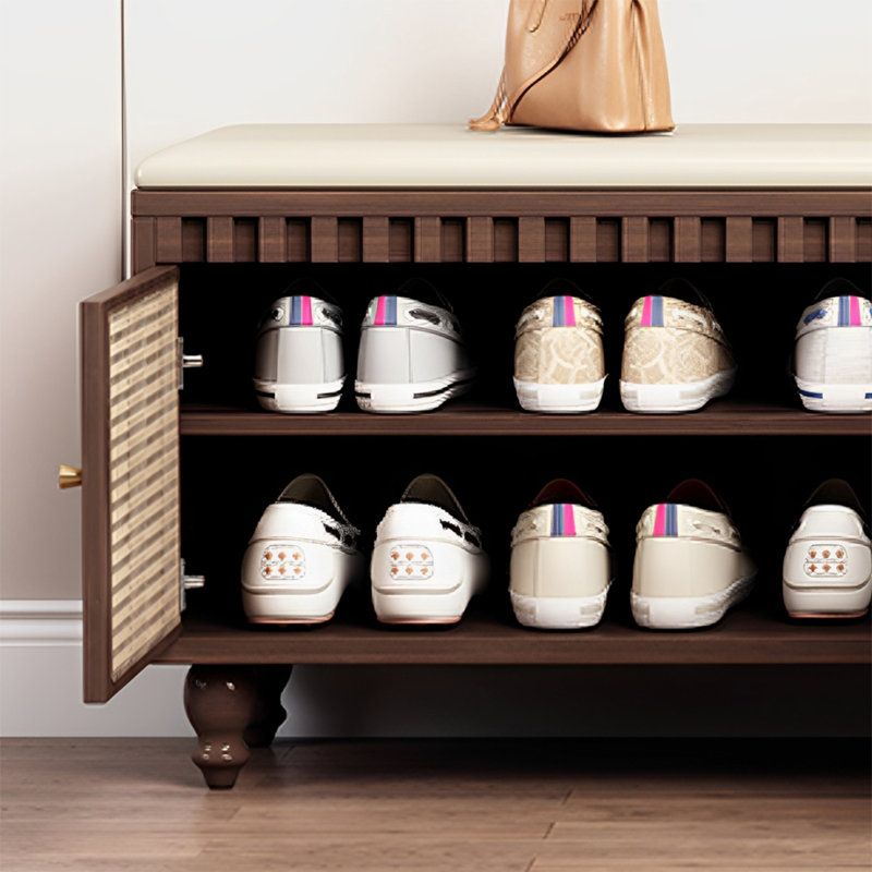 Banc de rangement pour chaussures en bois massif avec coussin de siège, Brun