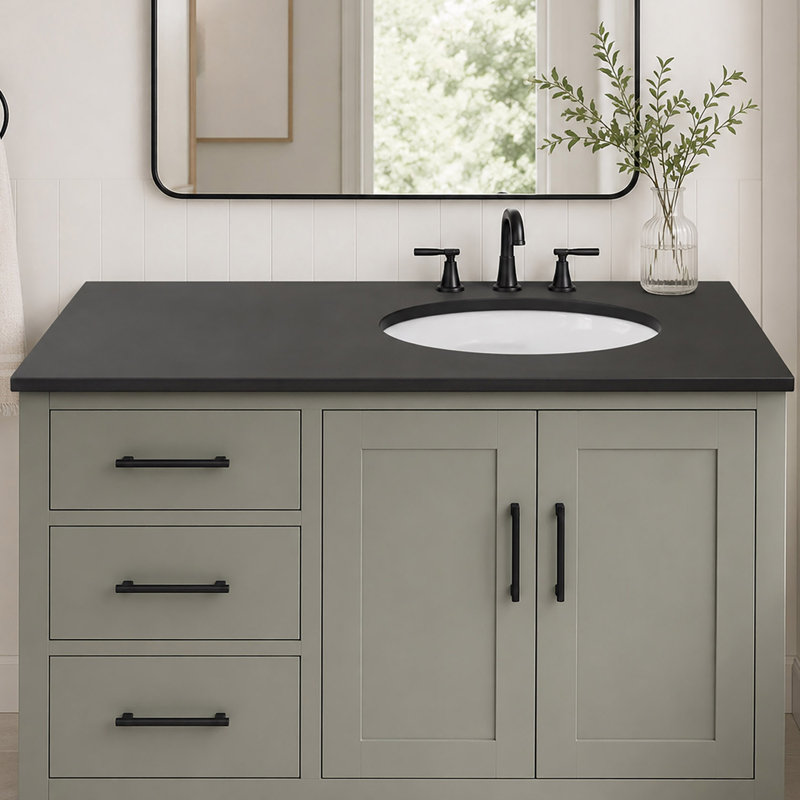 Plateau en quartz gris 37 po avec lavabo simple en céramique blanche - droite, Gris