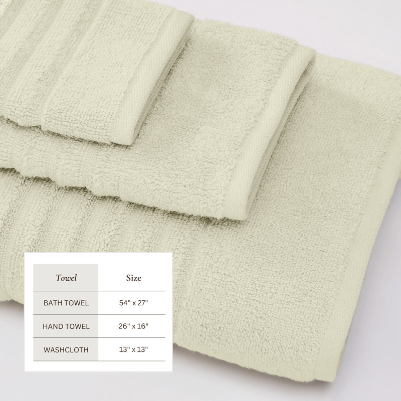 Essuie-mains 100% coton à nervures zéro torsion (ensemble de 6), Vert sauge, Ensemble 6 serviettes de bain