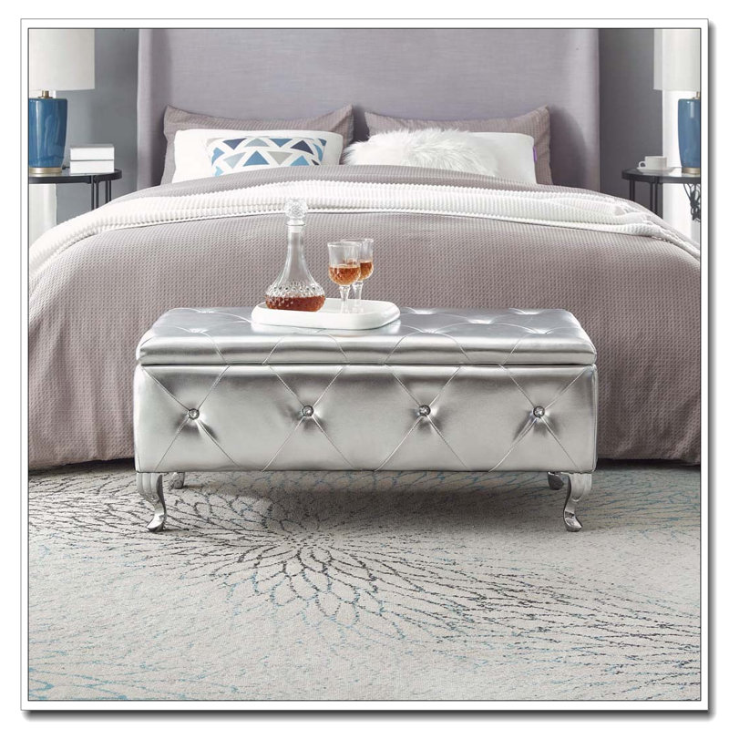 Banc de rangement avec repose-pieds en similicuir et boutons en cristal, Argent
