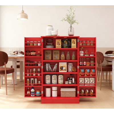 Kitchen Storage In Red, Double Doors, 5 - Tier Shelves, 12 Spice , Adjustable Feature