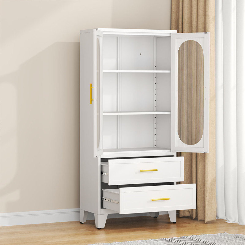 Armoire de cuisine Winston Porter Stoarge en métal avec 4 portes et tiroirs en verre acrylique, Blanc