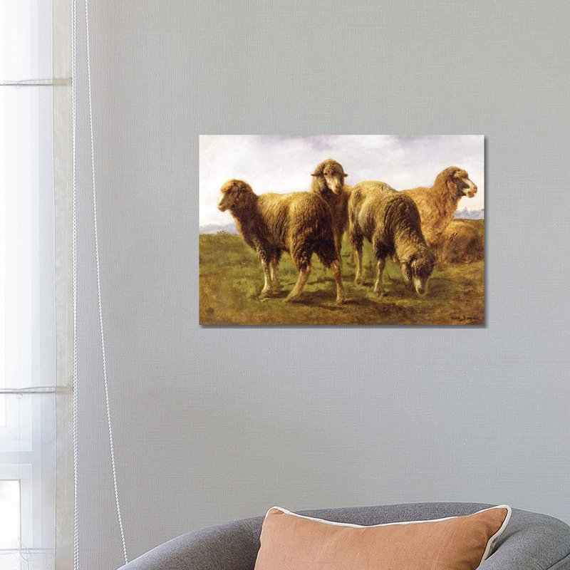 Sheep Grazing in a Meadow 1 Piece Wrapped Canvas Wall Art