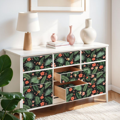 Papier peint auto-adhésif à motif de fleurs roses tropicales dessinés à la main, feuilles vertes, noir, auto-adhésif et amovible 17,7 po x 118 po (45 x 300 cm)