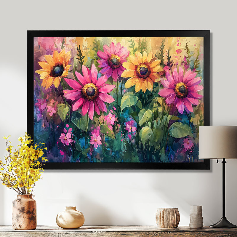Dorran Spring Symphony of Pink Sunflowers I - Art mural tournesols, Reproduction encadrée d'une seule photo