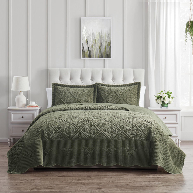 Ensemble de couvre-lit matelassé moelleux Westland, Couvre-lit double et 2 taies décoratives, Olive Moss