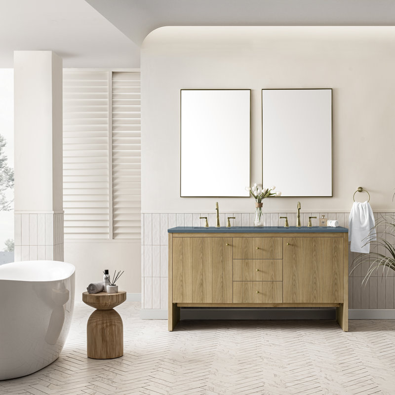 Hudson 60'' Double Bathroom Vanity with Top, Charcoal Soapstone, 8" Widespread, Light Natural Oak