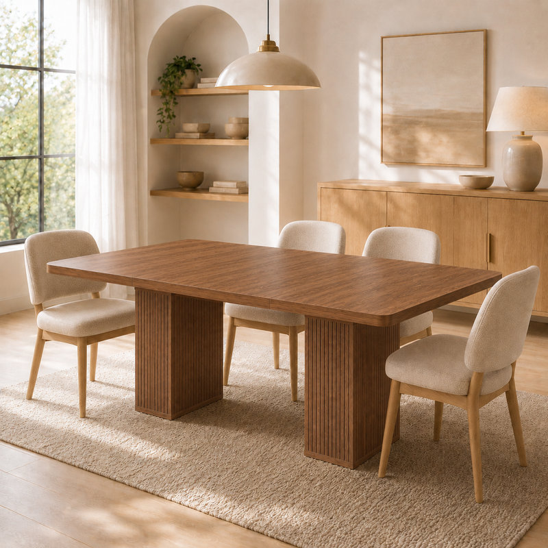 Table de salle à manger moderne extensible en bois pour 4 à 8 personnes avec base piédestal, Noyer brun
