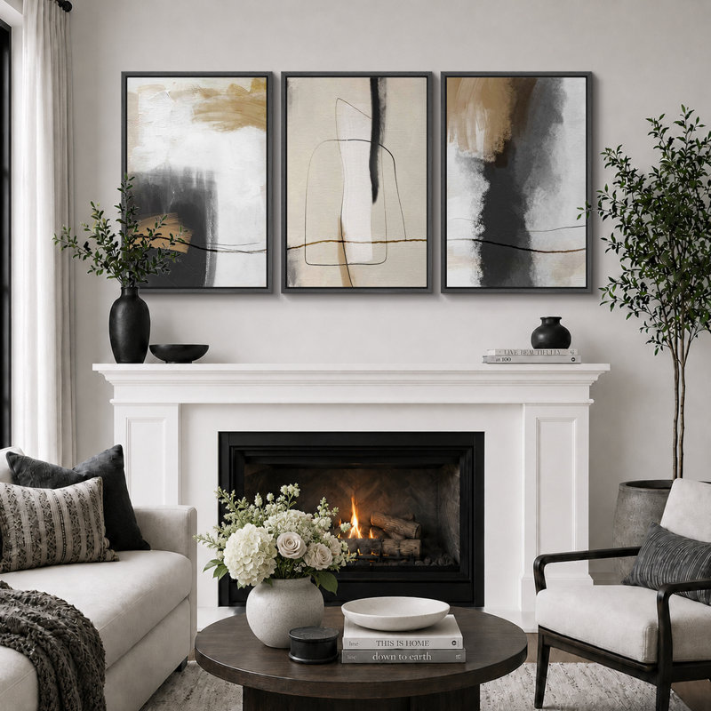 Grunge Abstract Paint Stroke Effect Tan Gray Neutral Organic Modern Pictures Framed Canvas Abstract Living Room Wall Art Painting Print