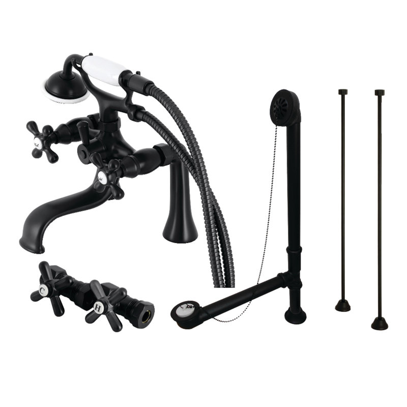 Kingston Brass Vintage Three-Handle 2-Hole Deck Mount Clawfoot Tub Faucet Package with Supply Line, Hand Shower and Tub Drain