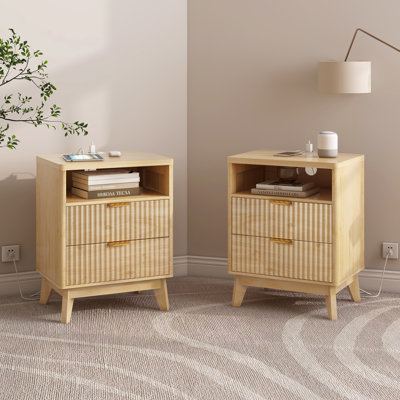 Table de chevet, ensemble de 2, table de chevet, ensemble de 2 avec station de charge, table de chevet en bois cannelé, H 25,4 po x l 19,69 po x P 14,96 po