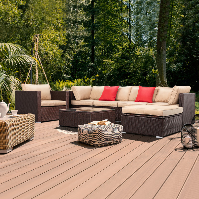 Ensemble de conversation modulaire en rotin 7 pièces avec coussins Farnhamville