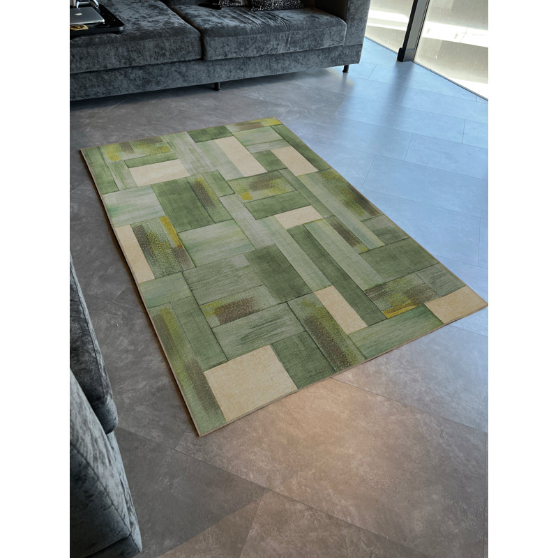 Tapis décoratif moderne vert à motif géométrique mixte, Tapis de couloir 3 pi 3,37 po x 9 pi 10,11 po