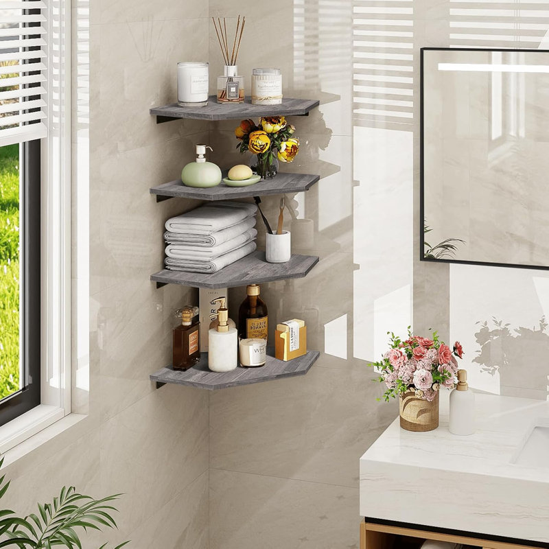Ensemble de 4 tablettes d'angle flottantes en coin avec trou pour câbles, organisateur de tablettes en bois rustique pour salle de bain, chambre à coucher, cuisine - robuste et facile à installer