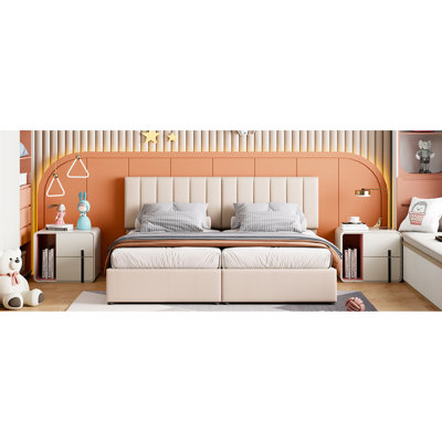 Lit plateforme tapissier très grand beige avec rangement hydraulique de qualité supérieure