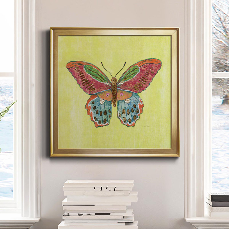 Papillon sur fond vert - reproduction d'art sur toile, Or, H 26,5 po x l 26,5 po x P 1,5 po