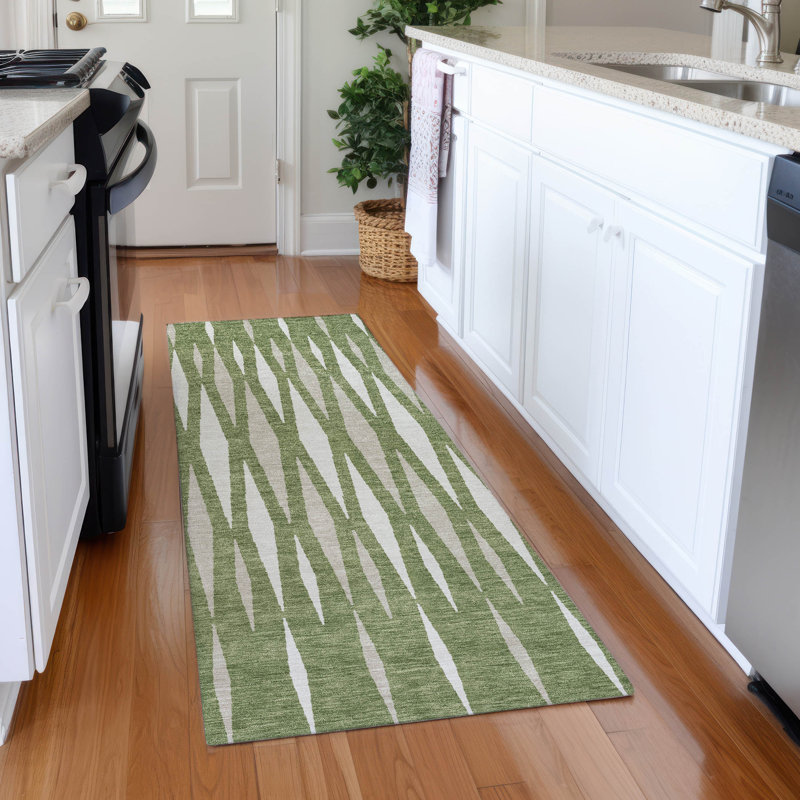 Premium Machine Washable Prisco Green Rug, Runner 2'3" x 7'6"