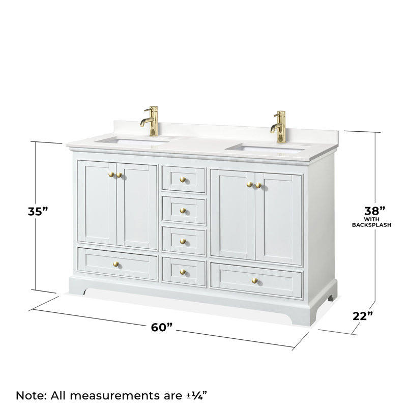 Ensemble de meuble-lavabo double 60 po avec comptoir en quartz Deborah, Quartz blanc, Or brossé, Blanc