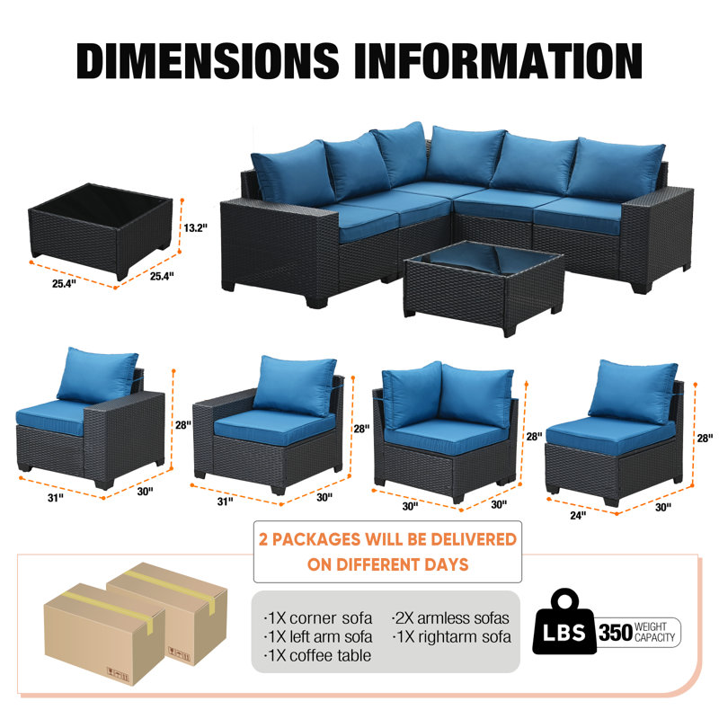 Ebern Designs 6 Pieces Patio Furniture set All-Weather Outdoor Conversation Sofa Rattan patio seating sofa, Peacock