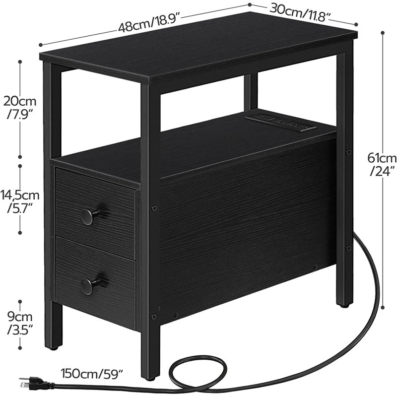 Artimon 24'' Tall 2 - Drawer End Table Set with Storage and Charging Station, Black