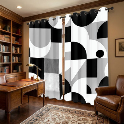 2Pcs Black and White Geometric Curtains, Minimalist Style Curtain, Modern Monochrome Abstract Pattern Printed Art Grommet Drapes, Window Treatment for Bedroom Living Room Decor