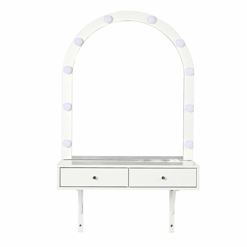 Floating Makeup Vanity Desk with Mirror & 3-Color Lights, Wall Dressing Table with Power Outlet, Compact vanity, Large Storage, White