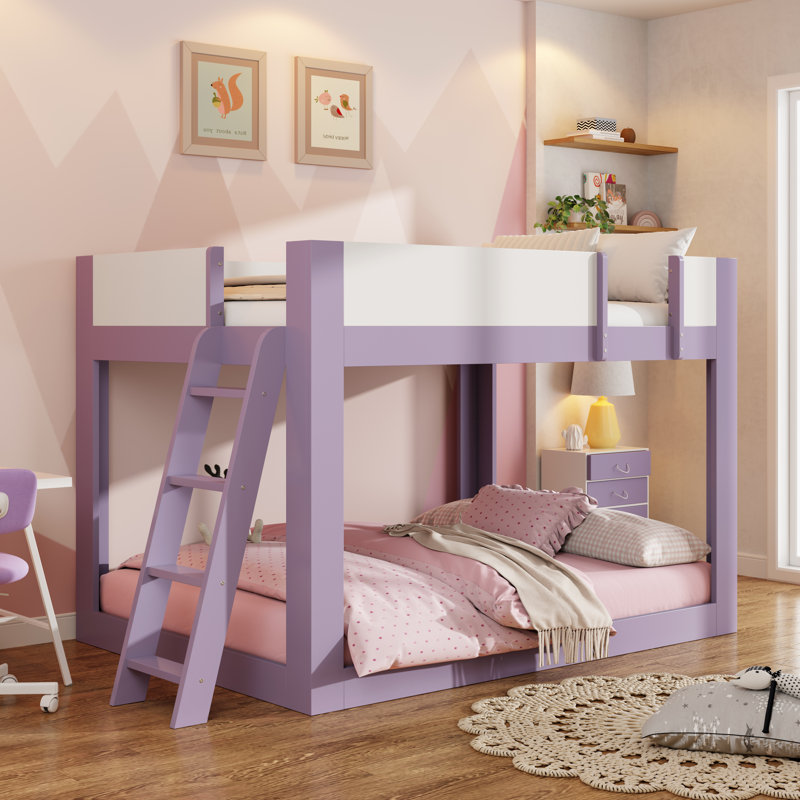 Lit superposé en bois avec échelle réversible, garde-corps et lattes, Full, Mauve / blanc
