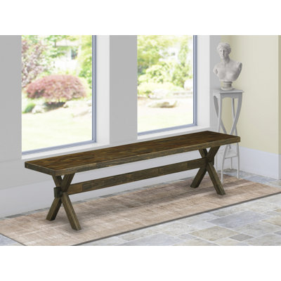 Banc de salle à manger moderne en X avec siège en bois, finition jacobine patinée.