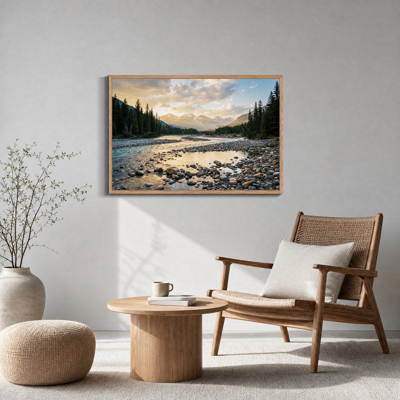 Toile murale représentant des montagnes enneigées surplombant une rivière rocheuse et une forêt de pins, H 24 po x l 36 po