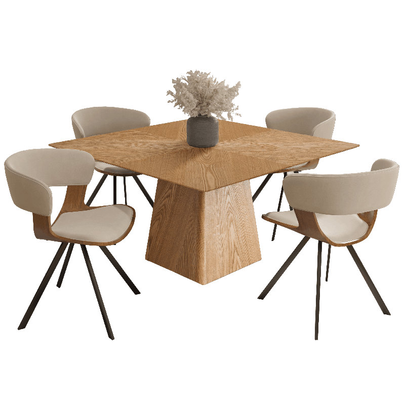 5-Piece Dining Set With Square Wooden Table In Natural Wood And 4 Upholstered Dining Chairs, Light Brown/Walnut