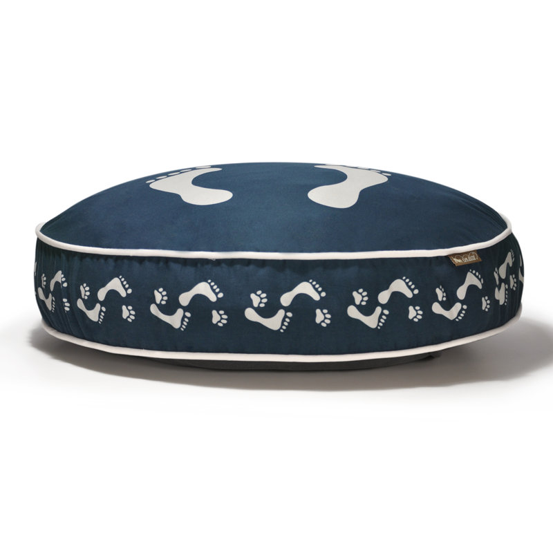 Lit-coussin rond pour chien Footprints, Moyen (l 36 po x P 36 po x H 4,5 po), Bleu acier / perle