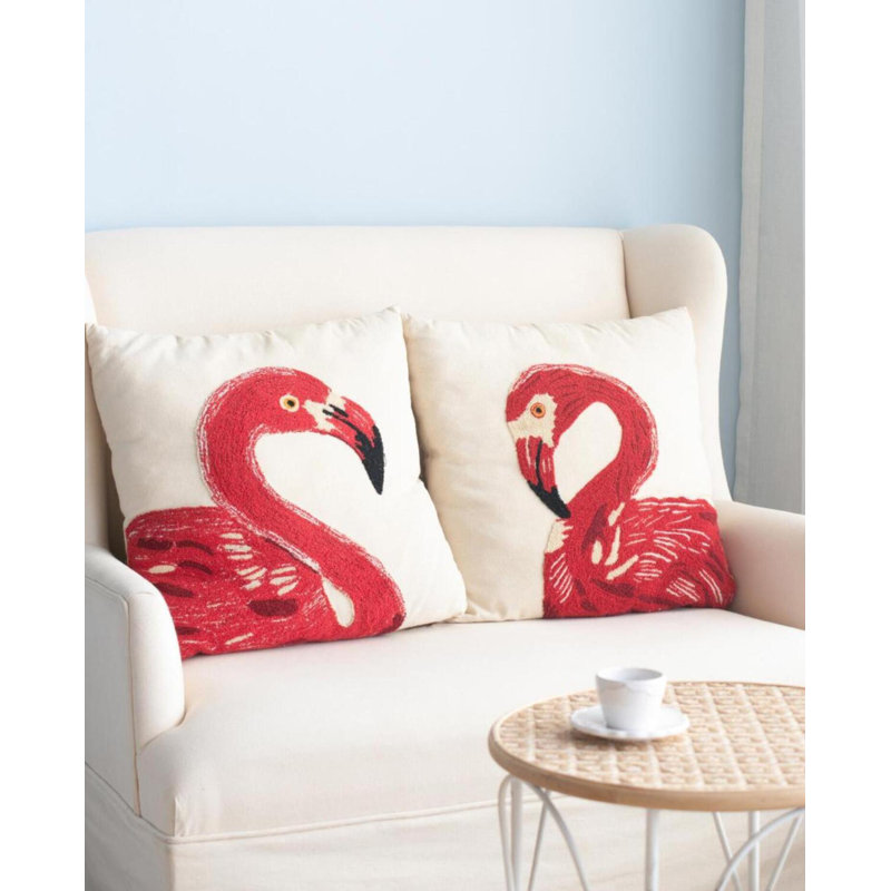 Set of 2 Red and White Embroidered Cotton Flamingo Pillows