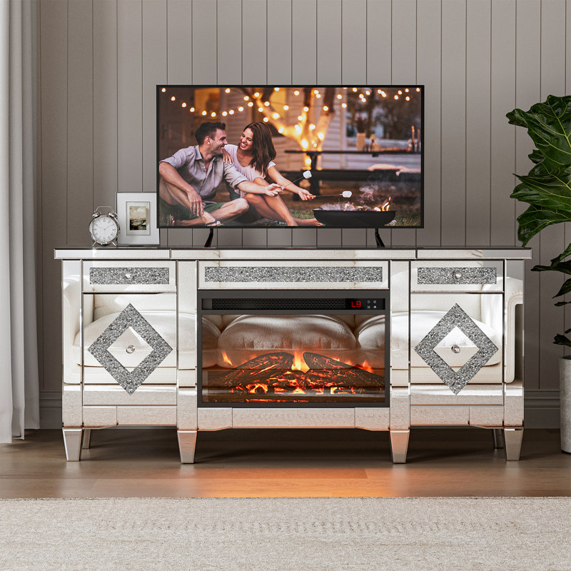 Mirrored Tv Stand With Fireplace For 65+ Inch Tv, Silver Electric Fireplace With Drawers And Storage Space, Modern Entertainment Center With Crushed Diamond For Living Room Remote Control