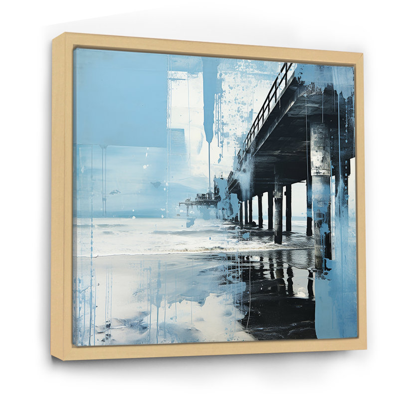 Minimalisme bleu sarcelle et jetée blanche paysage I - décoration murale nautique et plage, H 36 po x l 36 po x P 1,5 po