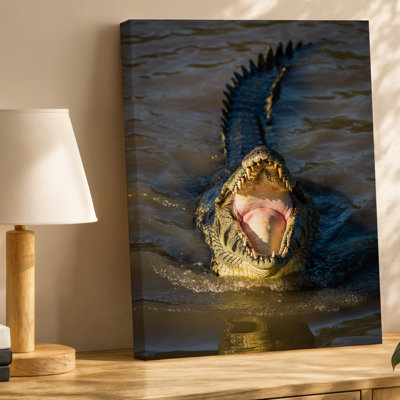 Canvas A Close Up View Of A Large Crocodile Emerging From Wall Art Murky Brown Water Its Mouth Wide Open Displaying Sharp Teeth Canvas Wall Art