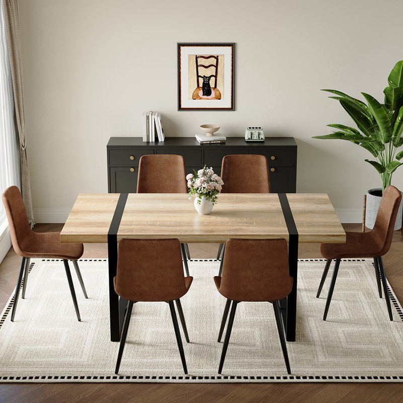 71" Modern Rectangular Dining Table Set, 7, Black/Brown