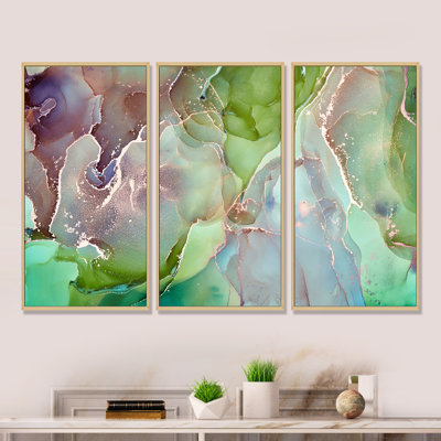 «Green and Pink Abstract Ink Art», impression sur toile flottante 3 pièces