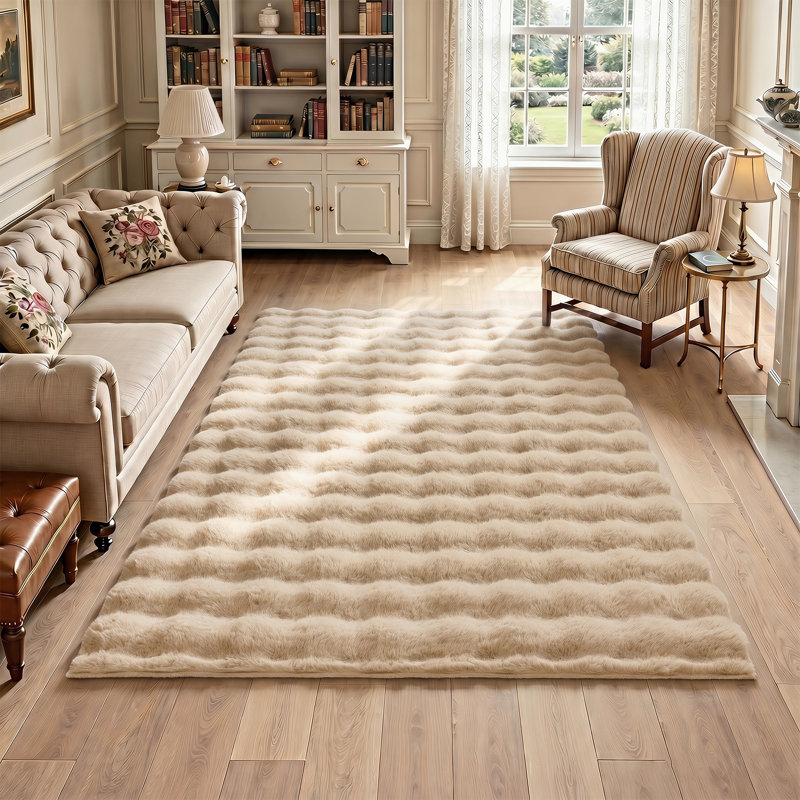 Tapis antidérapant en fausse fourrure de lapin, Beige, Rectangle 5 pi x 7 pi