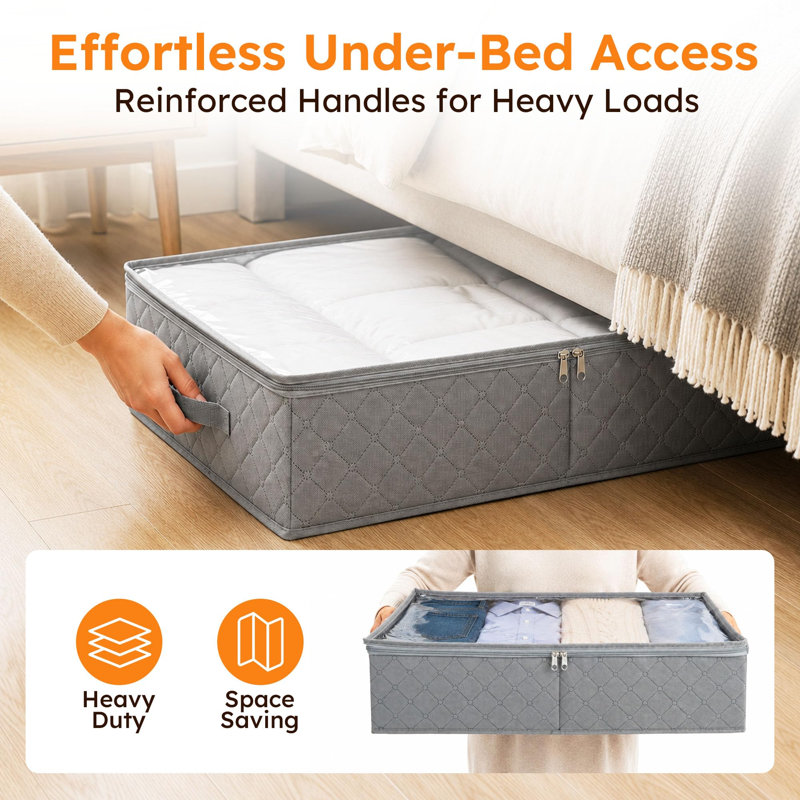 Under Bed Storage Bags with Clear Window & Handles, 24” x 16” x 6",Foldable Closet Organizers, Clothes Blankets Container, Space-saving Storage Bins, with Cardboard Support, Pack of 2, Gray