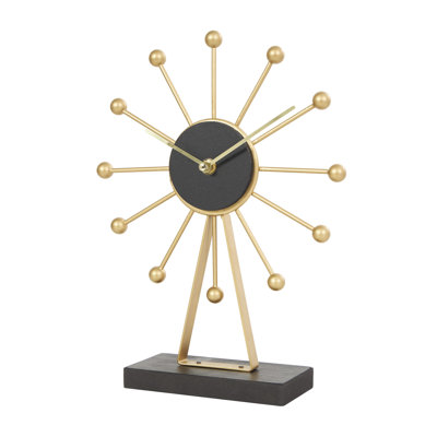 Metal Sunburst Decorative Gold Clock with Black Base and Clockface
