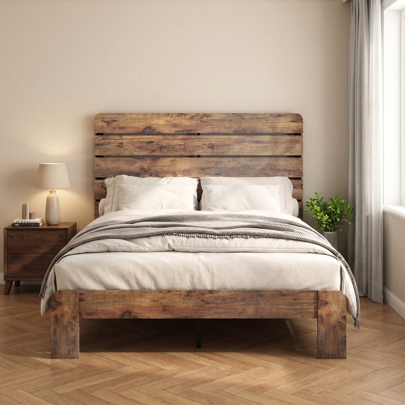 Lit plateforme en bois brun foncé de taille standard – Structure en bois silencieuse de qualité supérieure, aucun sommier requis, assemblage facile avec outils et grand espace de rangement sous le lit pour les articles ménagers.