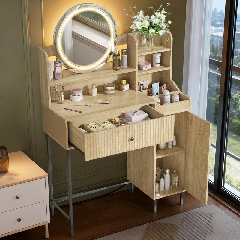 Reseta Makeup Vanity Desk with LED Light Mirror, Drawer, USB Power Outlet, Wood