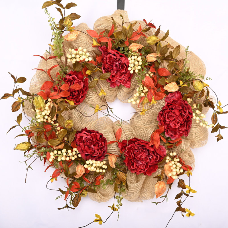 Couronne de pivoines 26 po Faux Thanksgiving, Rouge